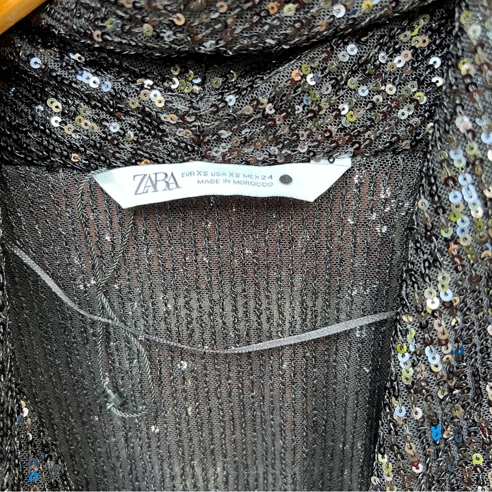 Zara Black Sequin Surplice Deep Plunge Long Sleeve Peplum Blouse Top - Picture 3 of 3